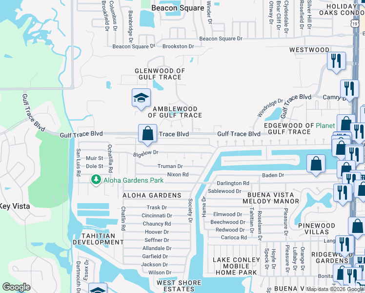 map of restaurants, bars, coffee shops, grocery stores, and more near 3540 Kauna Point Drive in Holiday