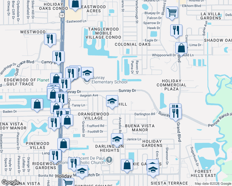 map of restaurants, bars, coffee shops, grocery stores, and more near 2647 Flintwood Drive in Holiday