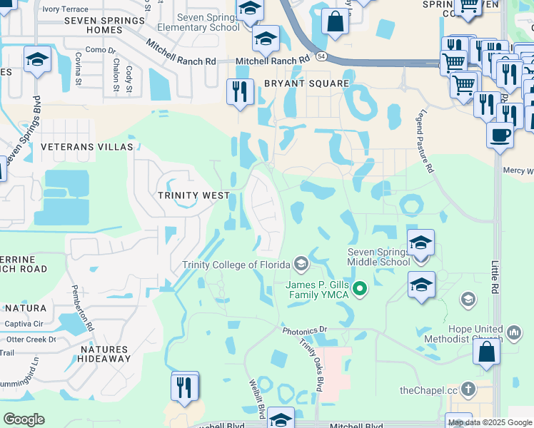map of restaurants, bars, coffee shops, grocery stores, and more near 8111 Pea Tree Court in Trinity