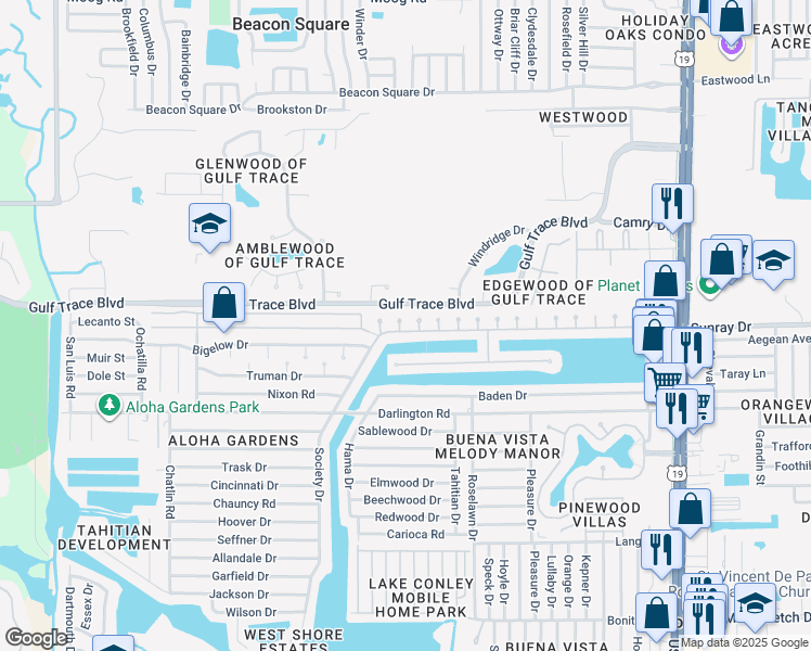 map of restaurants, bars, coffee shops, grocery stores, and more near 2702 Druid Place in Holiday