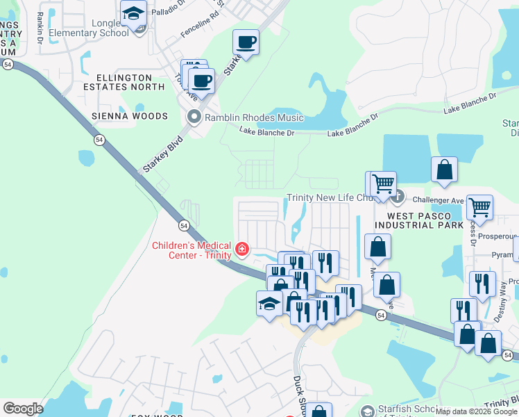 map of restaurants, bars, coffee shops, grocery stores, and more near 10600 Crimson Lane in New Port Richey