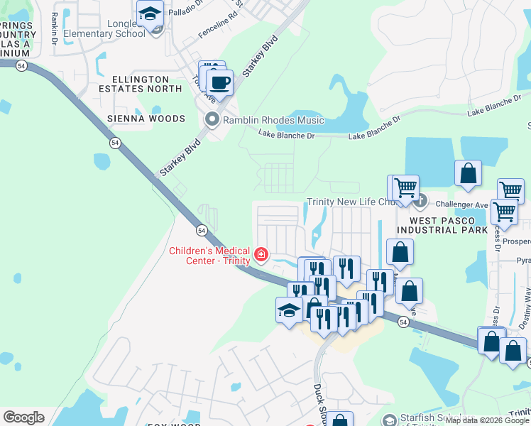 map of restaurants, bars, coffee shops, grocery stores, and more near 10600 Crimson Lane in New Port Richey