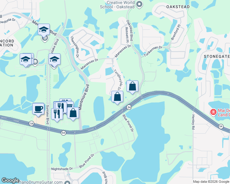 map of restaurants, bars, coffee shops, grocery stores, and more near 2753 Tanglewylde Drive in Land O' Lakes