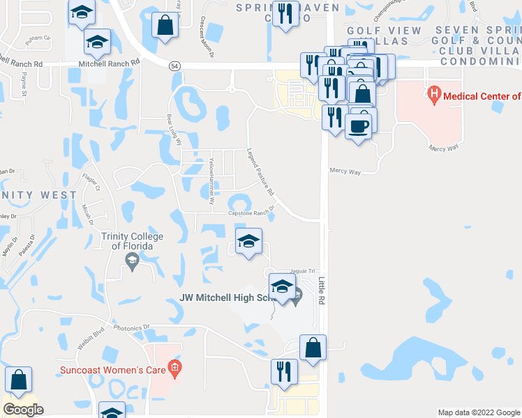 map of restaurants, bars, coffee shops, grocery stores, and more near 8742 Capstone Ranch Drive in New Port Richey