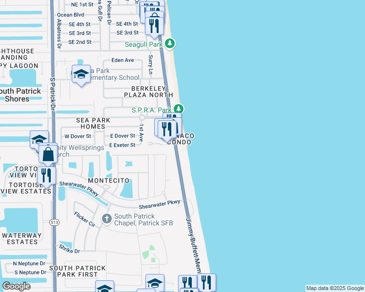 map of restaurants, bars, coffee shops, grocery stores, and more near 579 Florida A1A in Satellite Beach