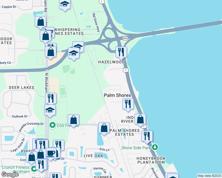 map of restaurants, bars, coffee shops, grocery stores, and more near 2520 Merrman Drive in Palm Shores