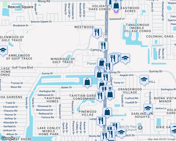 map of restaurants, bars, coffee shops, grocery stores, and more near 2712 Capricorn Place in Holiday