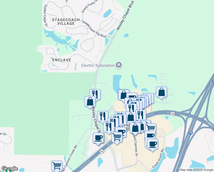map of restaurants, bars, coffee shops, grocery stores, and more near 25278 Wesley Chapel Boulevard in Lutz