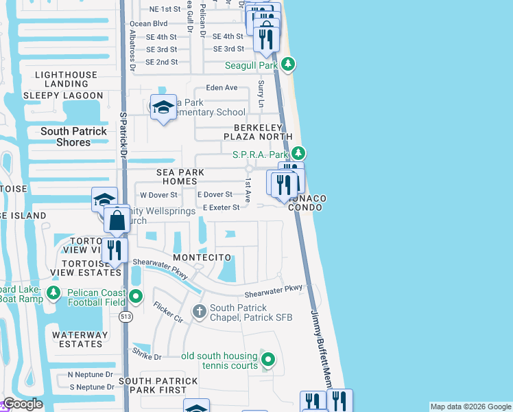 map of restaurants, bars, coffee shops, grocery stores, and more near 80 Coral Sea Way in Satellite Beach