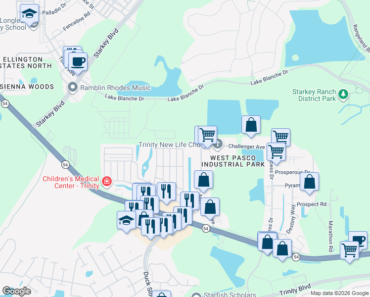 map of restaurants, bars, coffee shops, grocery stores, and more near 2714 Lake Haven Drive in New Port Richey