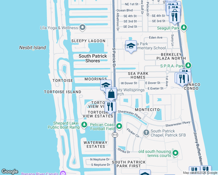 map of restaurants, bars, coffee shops, grocery stores, and more near 403 Aruba Court in Satellite Beach