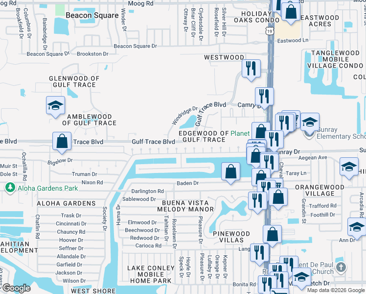 map of restaurants, bars, coffee shops, grocery stores, and more near 2717 Margie Place in Holiday