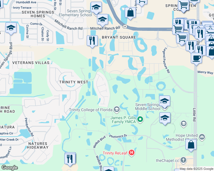 map of restaurants, bars, coffee shops, grocery stores, and more near 8124 Spirit Court in Trinity