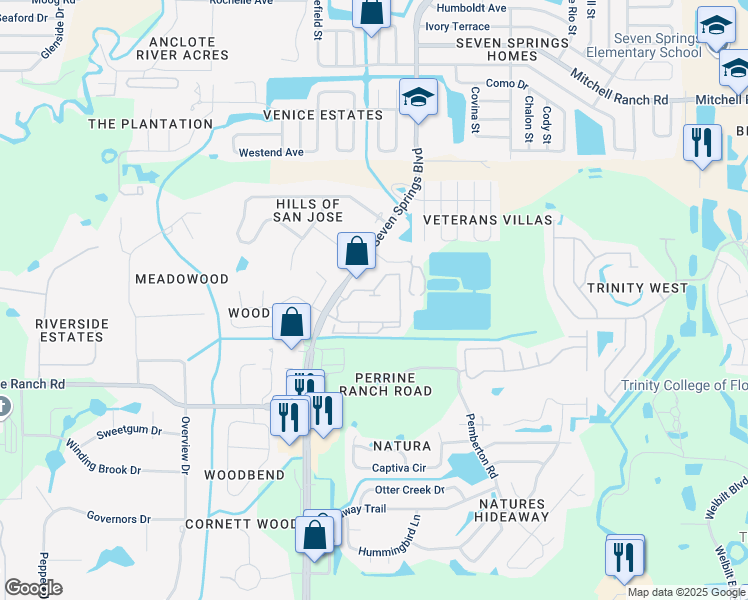 map of restaurants, bars, coffee shops, grocery stores, and more near 7429 Columns Circle in New Port Richey