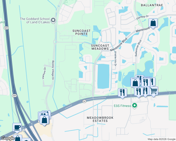map of restaurants, bars, coffee shops, grocery stores, and more near 2817 Heathgate Way in Land O' Lakes