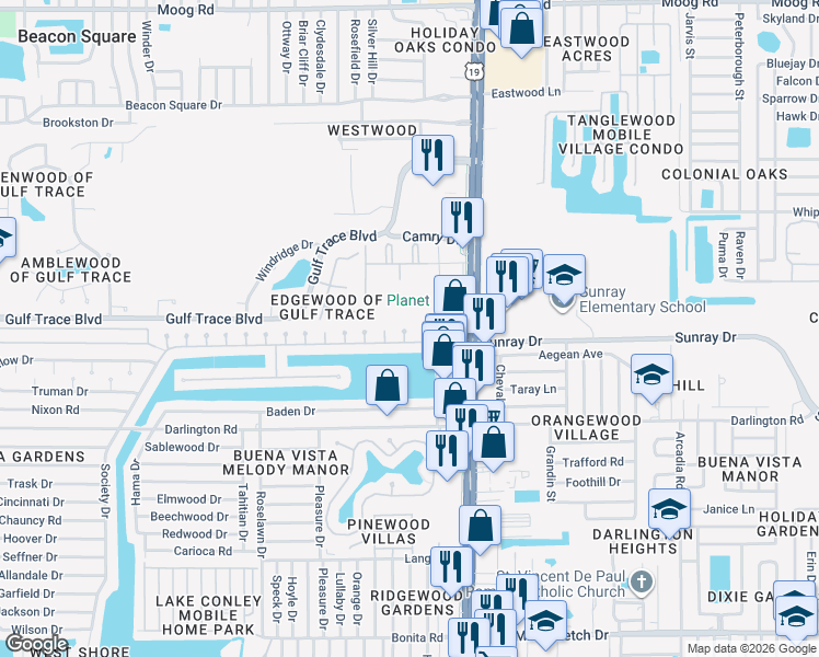 map of restaurants, bars, coffee shops, grocery stores, and more near 2716 Bora Bora Place in Holiday