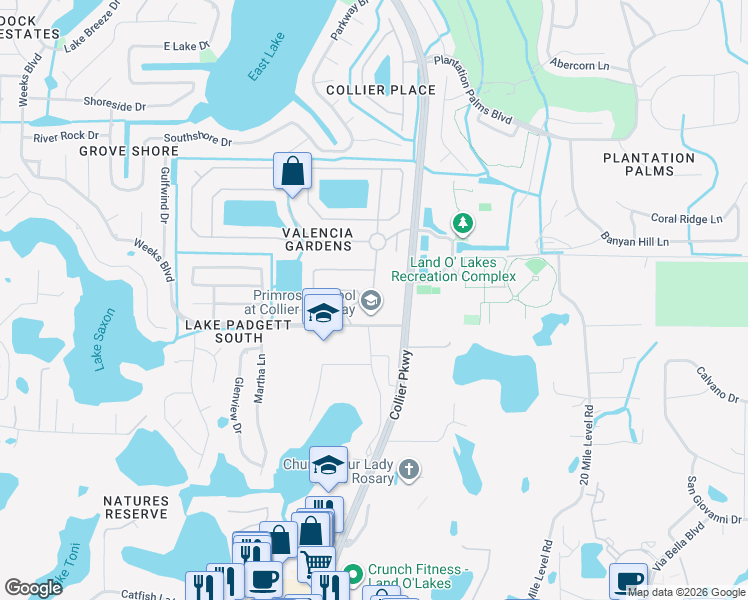 map of restaurants, bars, coffee shops, grocery stores, and more near 2838 Billingham Drive in Land O' Lakes