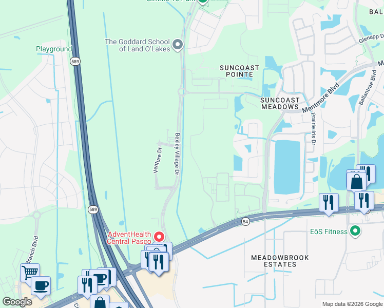 map of restaurants, bars, coffee shops, grocery stores, and more near 16915 State Road 54 in Lutz