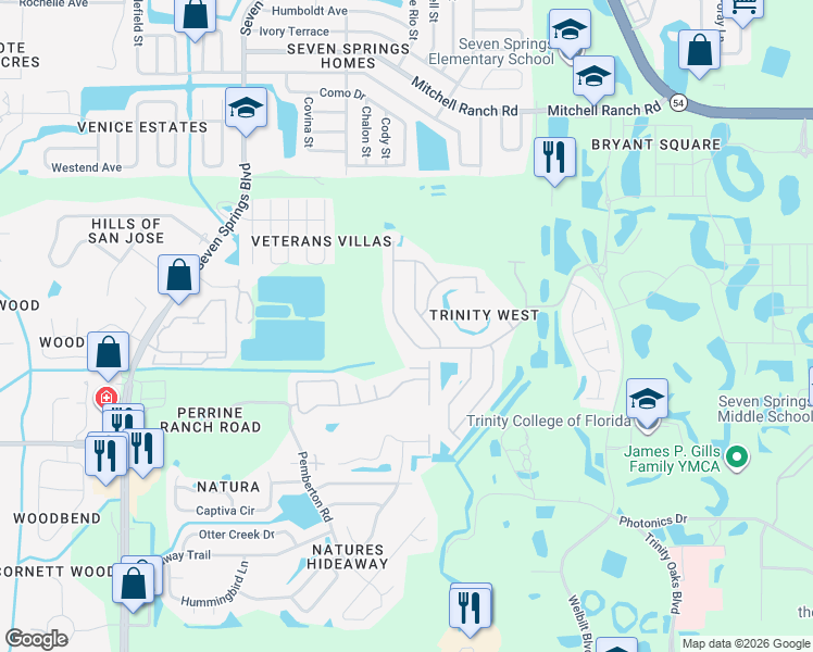 map of restaurants, bars, coffee shops, grocery stores, and more near 2443 Brinley Drive in Trinity
