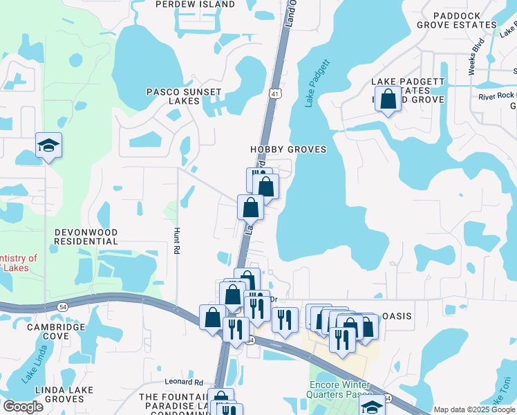 map of restaurants, bars, coffee shops, grocery stores, and more near 21301 Coakley Lane in Land O' Lakes