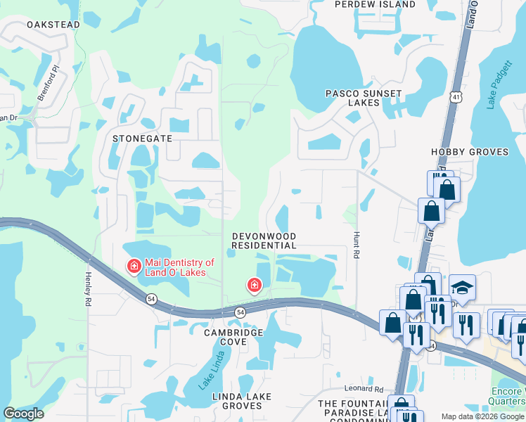 map of restaurants, bars, coffee shops, grocery stores, and more near 2821 Devonoak Boulevard in Land O' Lakes