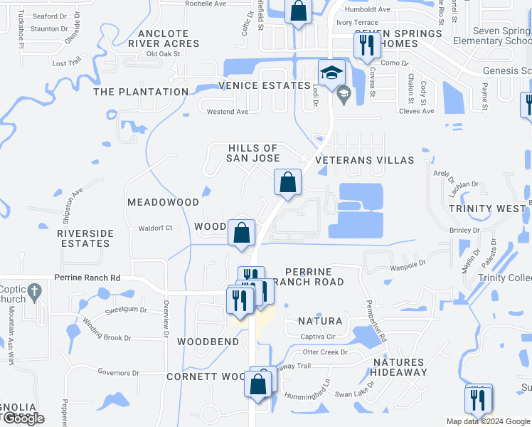 map of restaurants, bars, coffee shops, grocery stores, and more near 2726 Oak Bend Court in New Port Richey