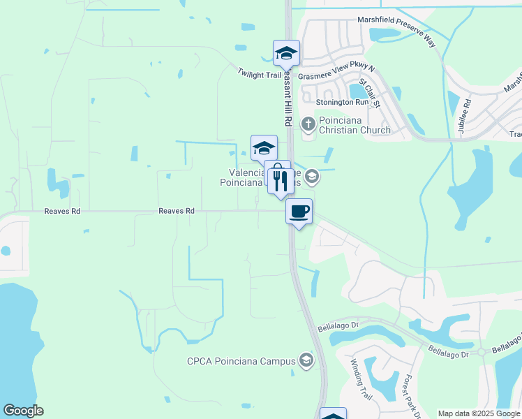 map of restaurants, bars, coffee shops, grocery stores, and more near 3800 Reaves Road in Kissimmee