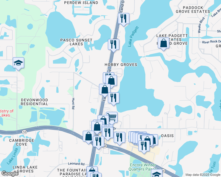 map of restaurants, bars, coffee shops, grocery stores, and more near 21301 Coakley Lane in Land O' Lakes
