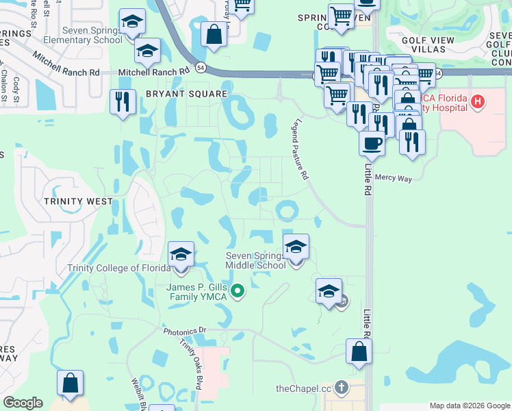 map of restaurants, bars, coffee shops, grocery stores, and more near Yellow Hammer Way in Pasco County