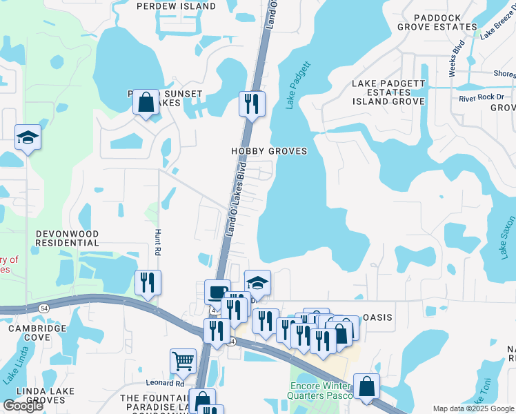 map of restaurants, bars, coffee shops, grocery stores, and more near 21330 Coakley Lane in Land O' Lakes