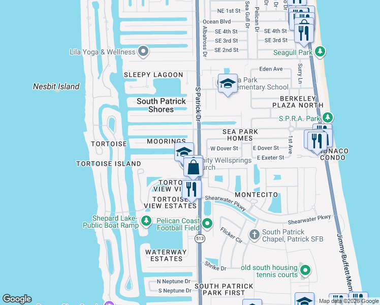 map of restaurants, bars, coffee shops, grocery stores, and more near 403 Aruba Court in Satellite Beach