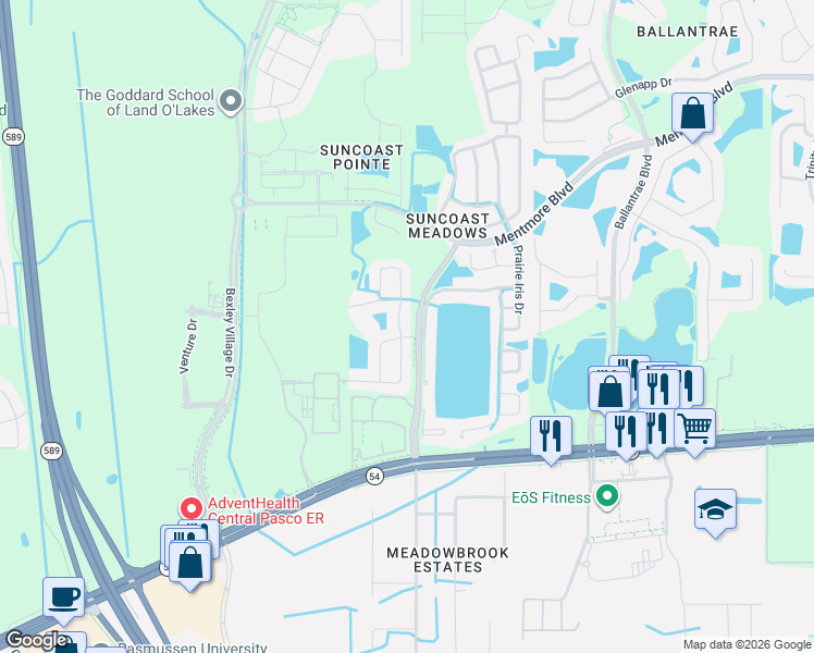 map of restaurants, bars, coffee shops, grocery stores, and more near 2817 Heathgate Way in Land O' Lakes