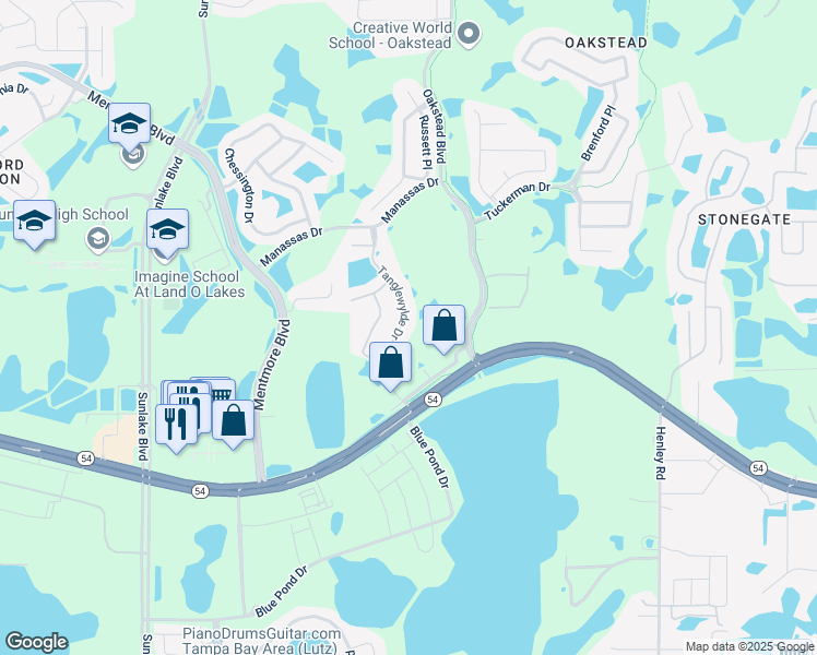 map of restaurants, bars, coffee shops, grocery stores, and more near 2834 Tanglewylde Drive in Land O' Lakes