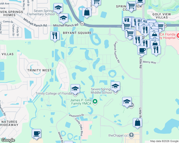 map of restaurants, bars, coffee shops, grocery stores, and more near 8364 Capstone Ranch Drive in New Port Richey