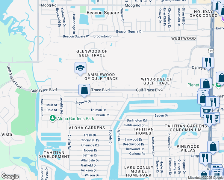 map of restaurants, bars, coffee shops, grocery stores, and more near Gulf Trace Boulevard in Holiday