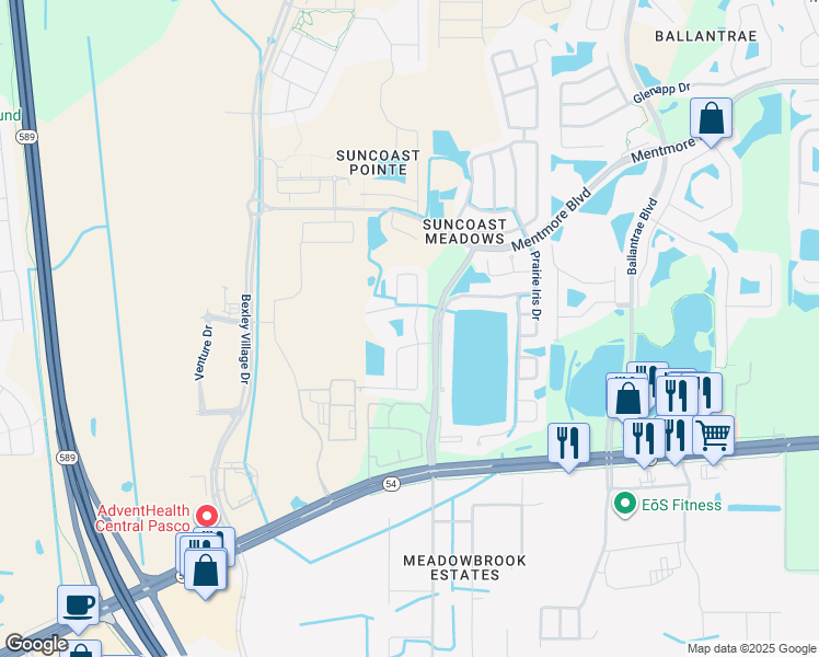 map of restaurants, bars, coffee shops, grocery stores, and more near 2825 Mingo Drive in Land O' Lakes