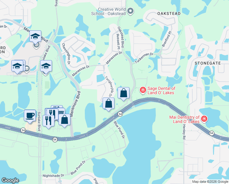 map of restaurants, bars, coffee shops, grocery stores, and more near 2842 Tanglewylde Drive in Land O' Lakes