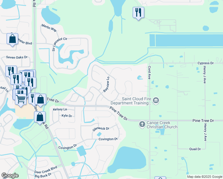 map of restaurants, bars, coffee shops, grocery stores, and more near 3300 Blue Jay Court in Saint Cloud