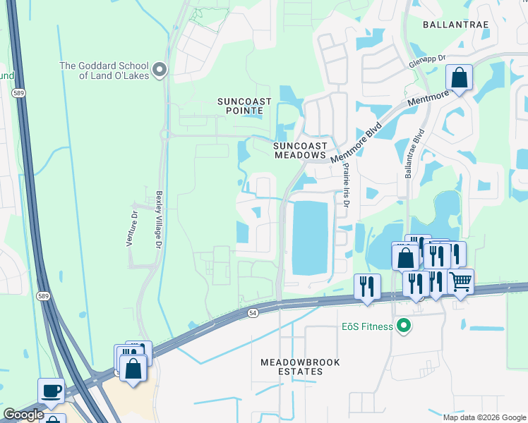 map of restaurants, bars, coffee shops, grocery stores, and more near 2817 Heathgate Way in Land O' Lakes