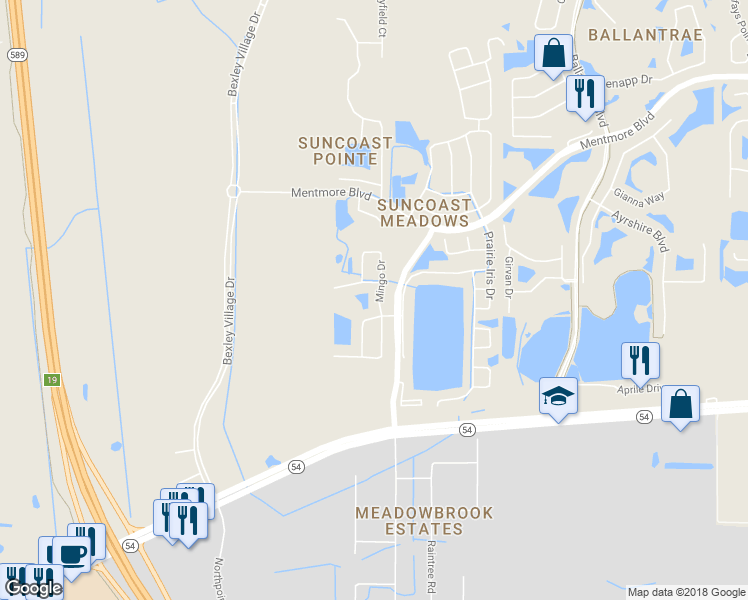 map of restaurants, bars, coffee shops, grocery stores, and more near 2829 Mingo Drive in Land O' Lakes