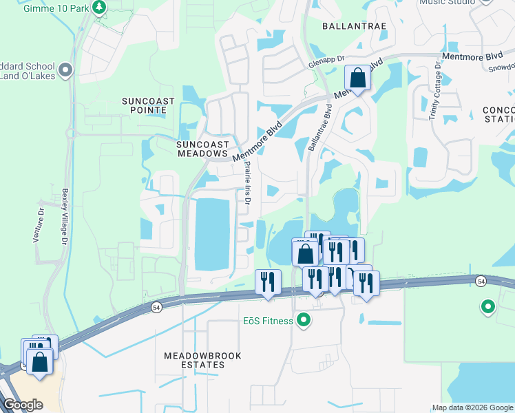 map of restaurants, bars, coffee shops, grocery stores, and more near 2833 Girvan Drive in Land O' Lakes