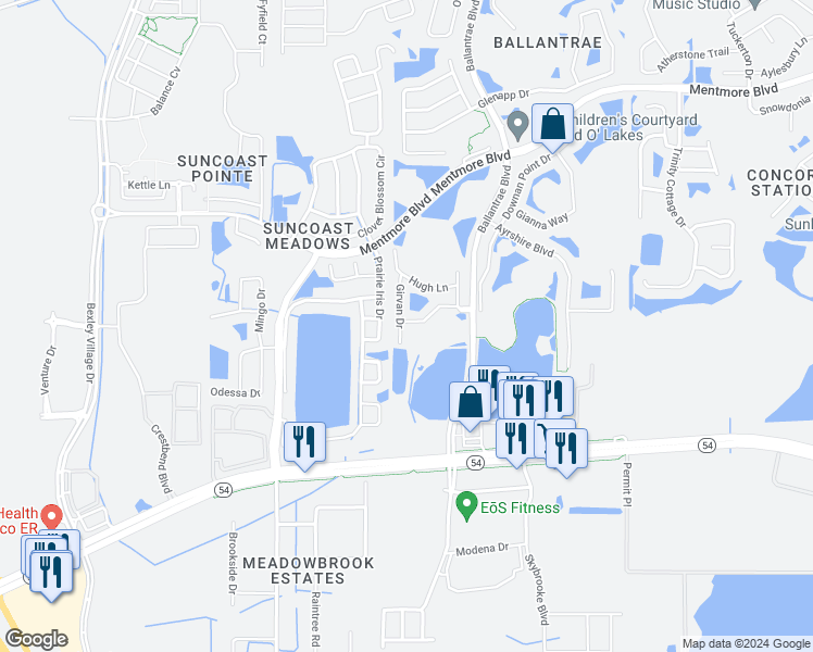 map of restaurants, bars, coffee shops, grocery stores, and more near 17440 Stinchar Drive in Land O' Lakes
