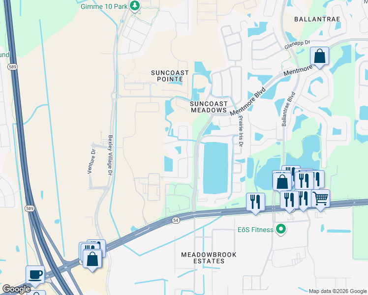 map of restaurants, bars, coffee shops, grocery stores, and more near 2833 Mingo Drive in Land O' Lakes