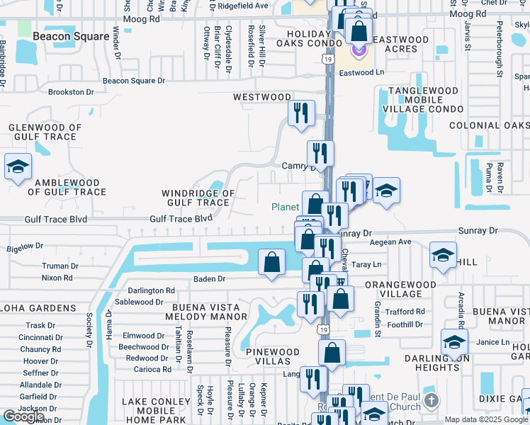 map of restaurants, bars, coffee shops, grocery stores, and more near 2712 Capricorn Place in Holiday