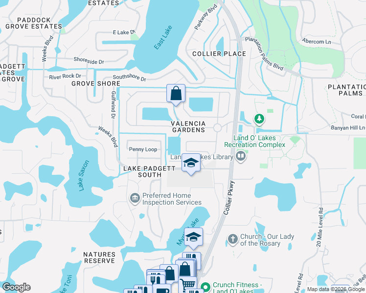 map of restaurants, bars, coffee shops, grocery stores, and more near 22807 Hawk Hill Loop in Land O' Lakes