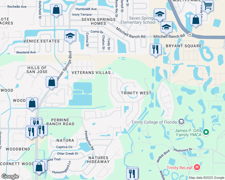 map of restaurants, bars, coffee shops, grocery stores, and more near 2818 Manning Drive in Trinity
