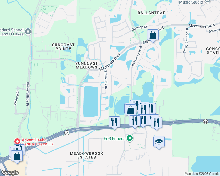 map of restaurants, bars, coffee shops, grocery stores, and more near 2912 Girvan Drive in Land O' Lakes