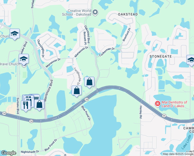 map of restaurants, bars, coffee shops, grocery stores, and more near 2739 Oakstead Boulevard in Land O' Lakes