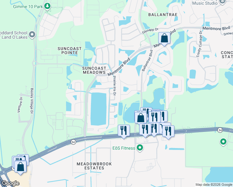 map of restaurants, bars, coffee shops, grocery stores, and more near 2846 Prairie Iris Drive in Land O' Lakes