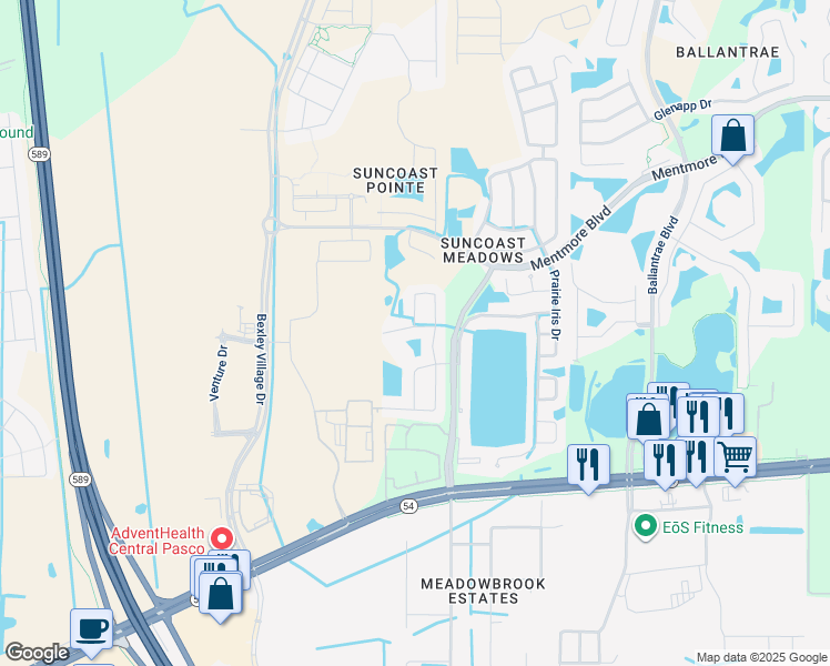 map of restaurants, bars, coffee shops, grocery stores, and more near 17040 Holmby Court in Land O' Lakes